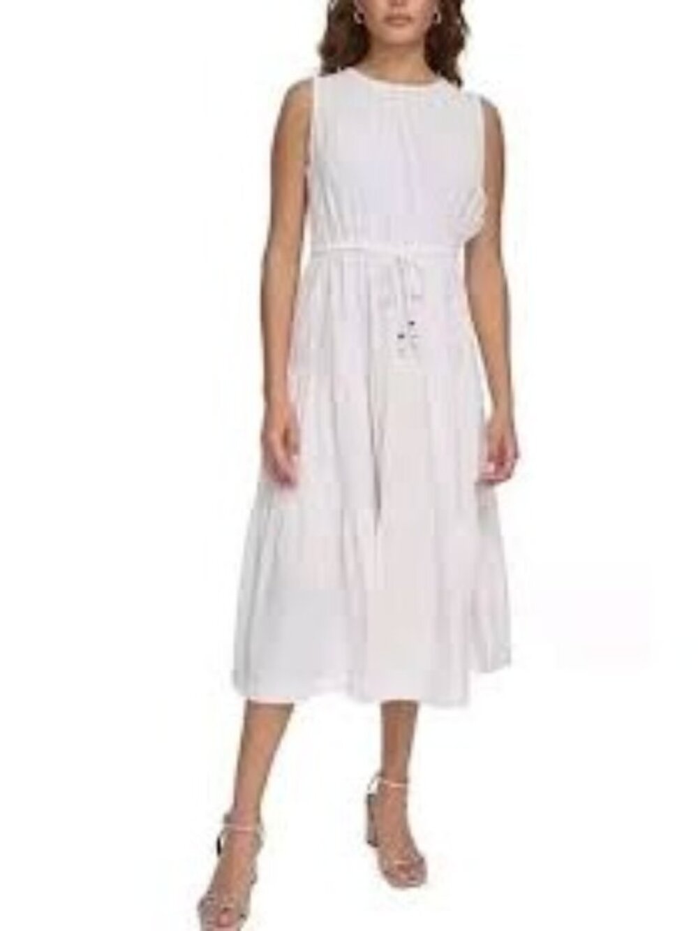 Calvin Klein NWT White Sleeveless Midi Dress Tiered Skirt & Drawstring Waist 14